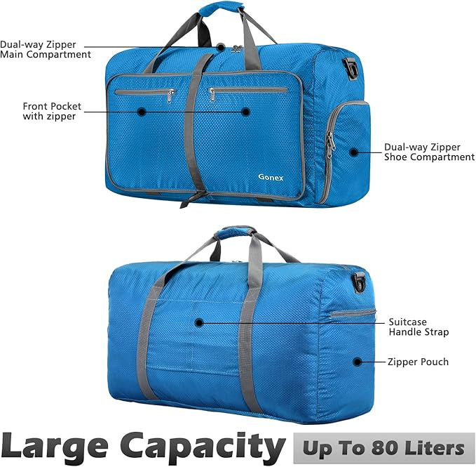 Gonex Large Foldable Travel Duffle Bag with Shoes Compartment, Packable Lightweight Water Repellent Duffel Bag for Camping Gym Weekender Bag