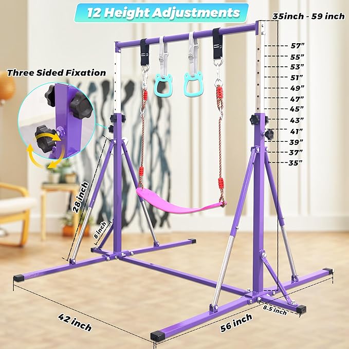 Foldable Gymnastics Bar,5FT Horizontal bar,Adjustable Kids Training bar for Kids Ages 3-15,Kids Gymnastics bar,Triangle Stable Structure-Gym Equipment for Home