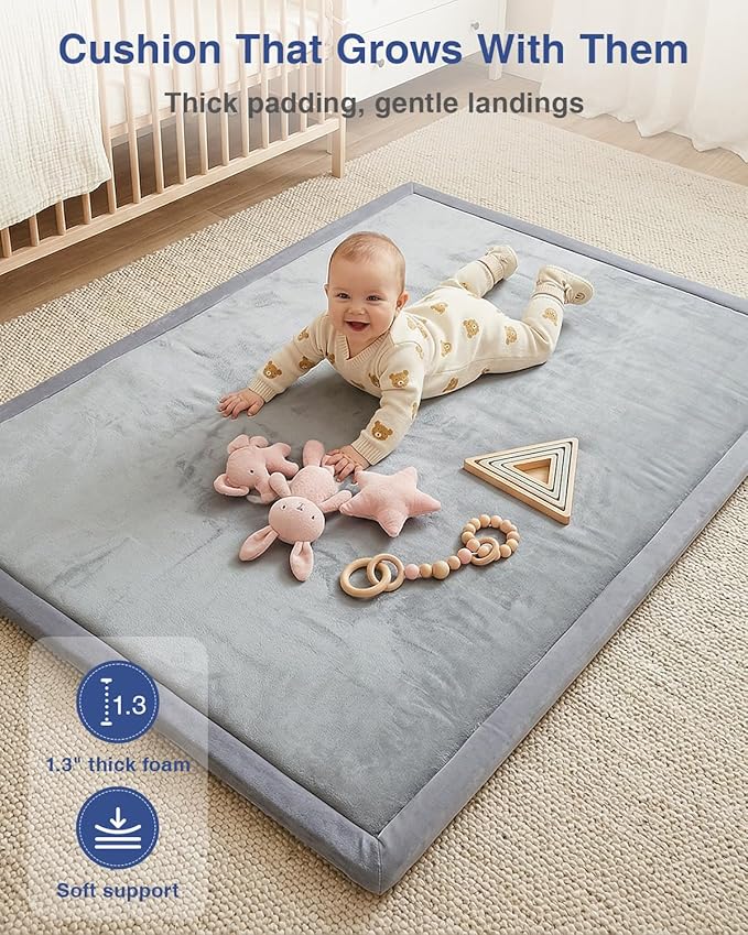 Baby Play Mat for Floor,1.3" Thick 50x50 Playpen Mat,Tummy Time Foam Mats,Plush Soft Padded Playmate for Babies 6-12 Months Crawling,Non-Slip Nursery Rug for Toddler Kids Playroom(Grey)