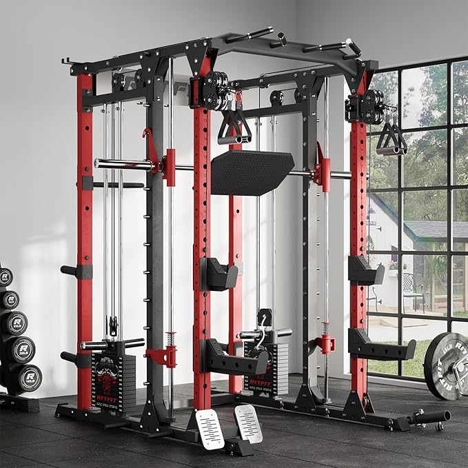 RitFit Buffalo Smith Machine Package, All-in-One Power Cage with Weight Stack , Power Rack with Cable Crossover & Leg Press Attachment for Home Gym