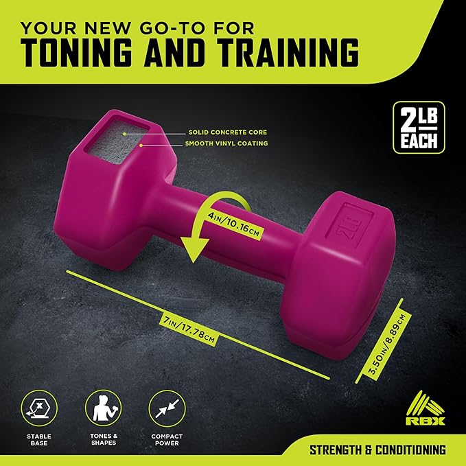 RBX Vinyl Coated Hand Weight Dumbbell Set - Hex Shaped, Roll Free for Body Building/Sculpting/Strength Training Exercise, (Set of 2)