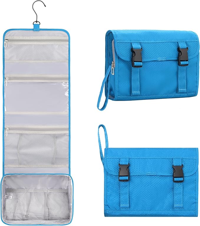 Relavel Travel Hanging Toiletry Bag for Women Men, Large Cosmetic Bags with Compartments, Water-resistant Travel Organizer for Accessories, Shampoo, Full Sized Container, Toiletries (Blue)