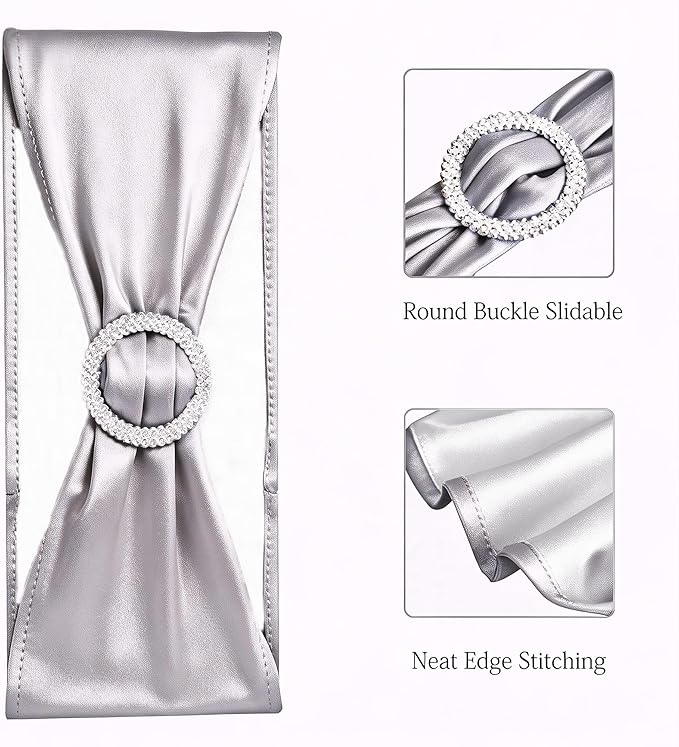 Pack of 100 Spandex Metallic Silver Chair Sashes for Wedding Stretch Chair Bands with Buckles Slider Bows Party Birthday Bridal Shower Engagement Anniversary Christmas Event Decor