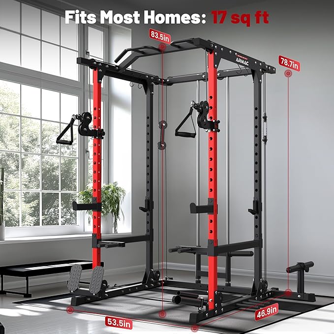Sportsroyals Squat Rack, LAT Power Cage, Power Rack Multi-Function with Pulley System and Training Attachments for Home Gym