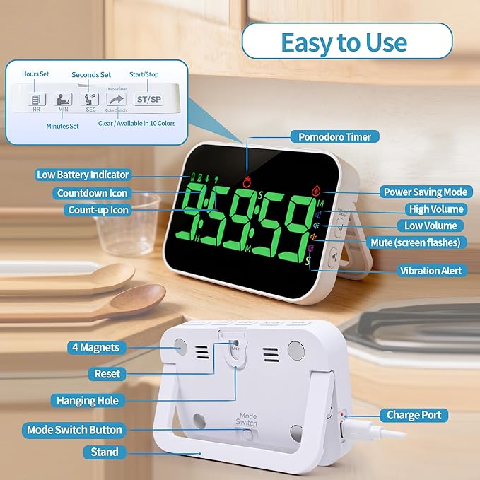 TXL Digital Timer for Classroom, Pomodoro & Kitchen, Rechargeable Magnetic Countdown Timer with Large LED Display, Loud Alarm, 3 Volume Levels, Vibration Mode & 3 Brightness Settings