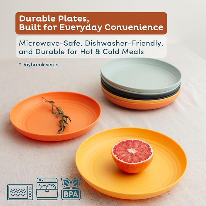 Nook Theory 8-Pack Reusable Wheat Straw Plates Set - Non Toxic and Non Plastic Dinner Plates for Kids and Adults, Lightweight Unbreakable Plate, Microwave Safe and Dishwasher Safe (Daybreak 9")