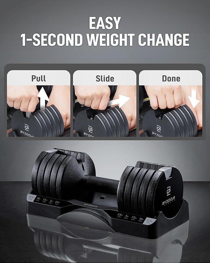 BYZOOM FITNESS Pure Series Adjustable Dumbbell - 12.5/25/27.5/75lb - ONE UNIT OR PAIR(check QTY before purchase) - 5-in-1/ 10-in-1 / 21-in-1 Flexible Hand Weights for Home Gym, Strength Training & Fitness Workouts, White OR Black
