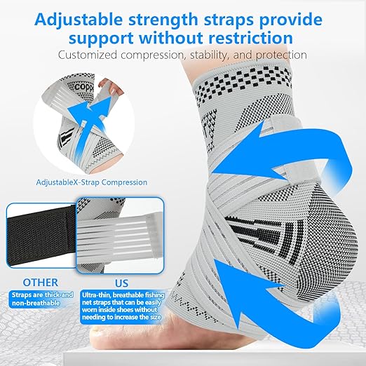 DRNAIETY Copper Ankle Brace for Men & Women - 1 Pair Adjustable Ankle Support Compression Sleeve for Plantar Fasciitis, Achilles Tendonitis, Foot Pain, Swelling, Sprains - Everyday Use (Grey, Large)