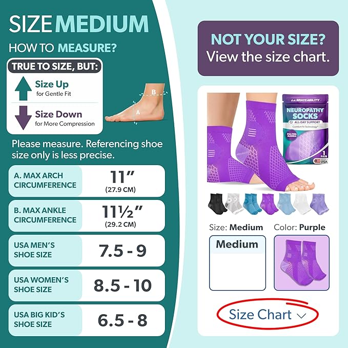 BraceAbility Neuropathy Socks (Pair) - Peripheral Neuritis Compression Diabetic Toeless Foot Sleeves for Nerve Damage Pain in Feet, Ankle Gout, Plantar Fasciitis Relief Brace for Men and Women (M - Purple)