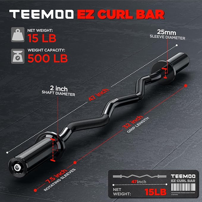 TEEMOO Olympic EZ Curl Barbell Bar, 47" Curl Bar with 2 Spring Collars, Curling bar for Weight Lifting, Squat, Hip Thrusts, Biceps, 500lb Weight Capacity, E-Coat Finish for 2 inch Weight Plates (Black)