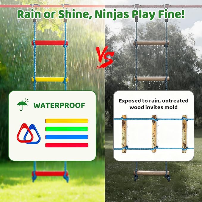 Dripex Ninja Warrior Obstacle Course for Kids, 2×50ft Slack Lines for Backyard with 8 Ninja Accessories - Monkey Bar, Rope Ladder, Gymnastic Ring, Arm Trainer and Monkey Fist