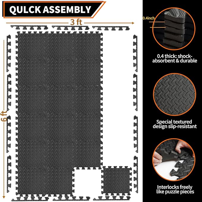 Gym Mats for Home Gym, 18 PCS Interlocking Foam Floor Tiles, EVA Workout Mats 12.6"x12.6"x0.4", Anti-Slip Exercise Mat Tiles, Puzzle Gym Flooring for Home, Garage, Fitness Equipment
