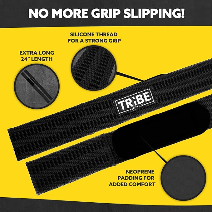 Tribe Lifting Heavy Duty Wrist Wraps & Lifting Straps for Weightlifting - Wrist Straps for Weightlifting Men with Silicone Grip & Padding - Gym Wrist Wraps and Lifting Straps