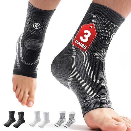 3 Pairs Ankle Brace for Women & Men,[Upgraded Ultra Breathable] Plantar Fasciitis Socks,Ankle Compression Sleeve for Achilles Tendonitis Relief, Heel Pain,Foot Pain and Swelling in Ankle Support (Black + White + Grey,Medium)