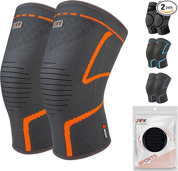 JWW Knee Compression Sleeve 2 Pack for Men and Women, Knee Brace for Knee Pain Relief, Comfortable Support for Running, Workout Sports and Daily Wear, Meniscus, ACL and Arthritis Recovery (Orange, XL)