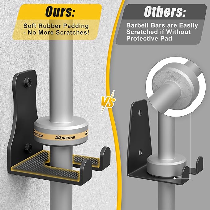 Jusgym Barbell Wall Holder, Durable Olympic Barbell Hanger with Protective Pad, Space Saving Barbell Holder for Squat Rack, Home Gym and Garage, Holds Under 33mm Bar Size