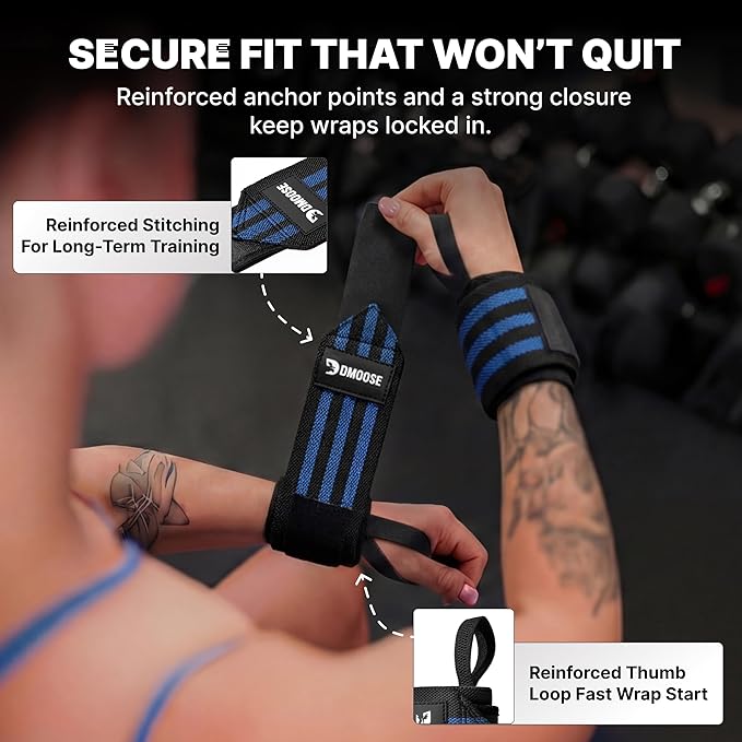 DMoose Fitness Wrist Wraps for Weightlifting 18" - Heavy Duty Gym Wrap with Hand Thumb Loop for Support & Pain Relief, USPA Approved Powerlifting, Weight Lifting Wrist Straps for Men & Women Work Out