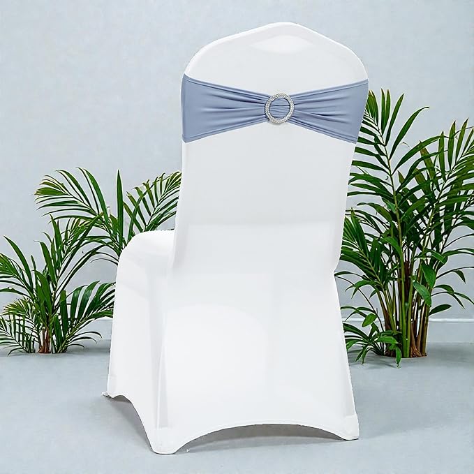 VDS - Dusty Blue | Spandex Chair Sashes Bows | 200 PCS | Stretch Elastic Banquet Universal Folding Chair Band Tie with Silver Buckle Slider for Wedding Party Conference Celebration Event Decoration