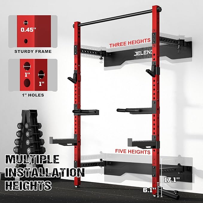 JELENS SF01 Folding Squat Rack, Wall Mounted Power Rack for Home Gym, Space Saving Multi-Functional Power Cage with More Attachments