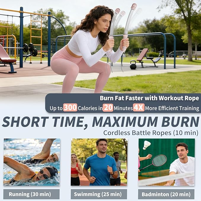 Pinailon Ropeless Battle Ropes, Workout Exercise Rope for Strength Building, Heavy Duty Portable Cordless Battle Ropes for Home Gym, HIIT and Low-Impact Aerobic Training for Men & Women, Pink