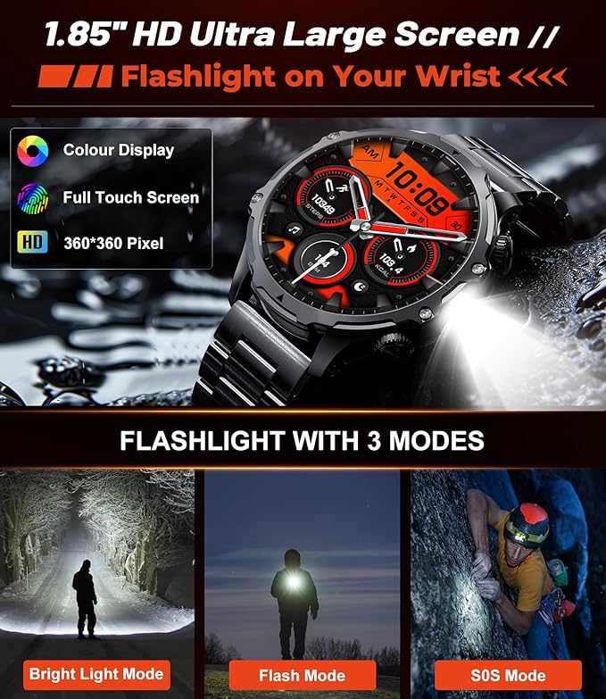 Militrary Smart Watch for Men,1.85" HD/800mAh Battery Smart watches for Android/iOS (Bluetooth Call Answer/Calls)Fitness Tracker,100+ Sports/LED Flashlight/IP68 Waterproof/Sleep Tracker Smartwatch