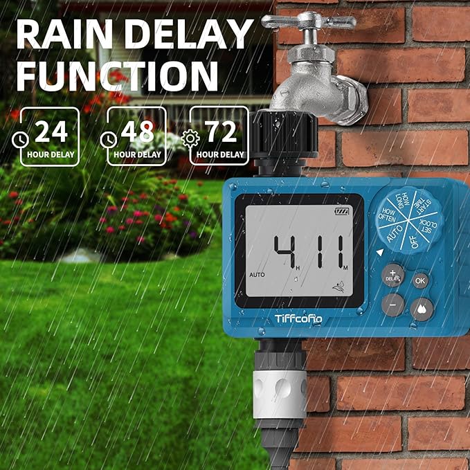 TiFFCOFiO Sprinkler Timer Outdoor, Digital Pogrammable for Garden Hose, Irrigrtion Timer with Rain Delay and Manual Mode (2 Packs)
