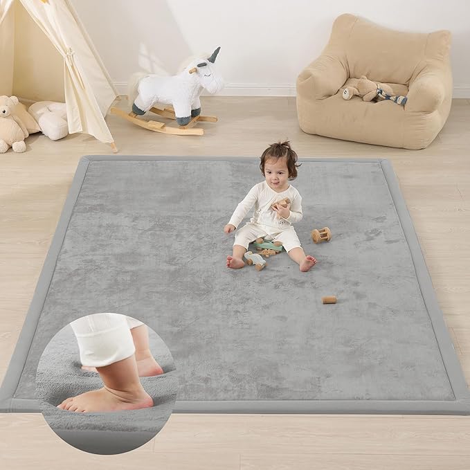 1.3" Thick Baby Floor Play Mat, 50x74 Padded Foam Tummy Time Crawling Mat, Non-Slip Water-Repellent Soft Plush Nursey Area Rug for Playroom Bedroom Living Room (Light Gery)