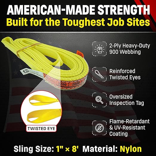 DD Sling 1 Inch x 8 Foot Nylon Lifting Sling – USA Made, 3,200 lb Vertical, 2,600 lb Choker, 6,400 lb Basket – 2-Ply Heavy Duty 900 Webbing, Type 4 Twisted Eye & Eye Rigging Sling, Safety Orange