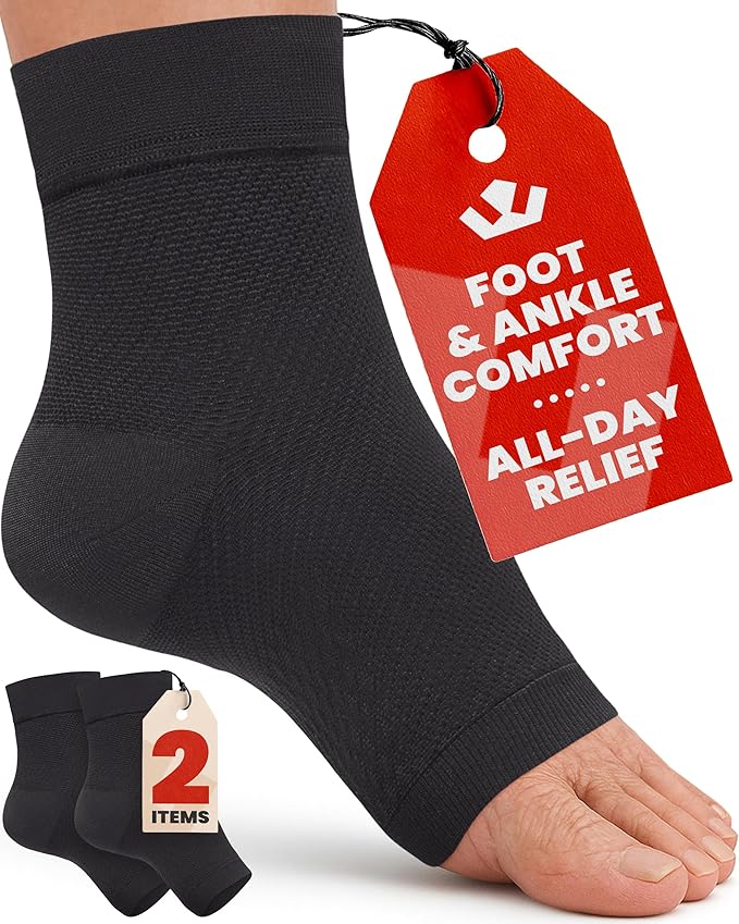 KEMFORD Ankle Compression Sleeve - 1-Pair, Plantar Fasciitis Braces - Open Toe Compression Socks for Swelling, Sprain, Neuropathy, Foot Arch Support for Men and Women - 20-30mmhg, L, Black