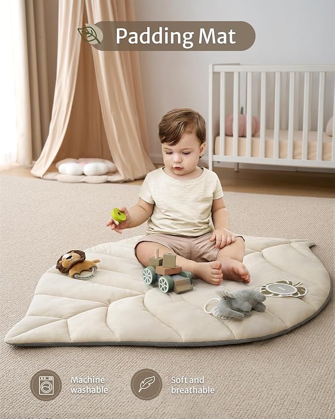 Blissful Diary Baby Play Gym & Activity Mat, Leaf Shaped Baby Tummy Time Play Mat with 6 Detachable Toys, Promotes Motor Skills & Sensory Development, Newborn Baby Essentials Gift, Oatmeal Beige