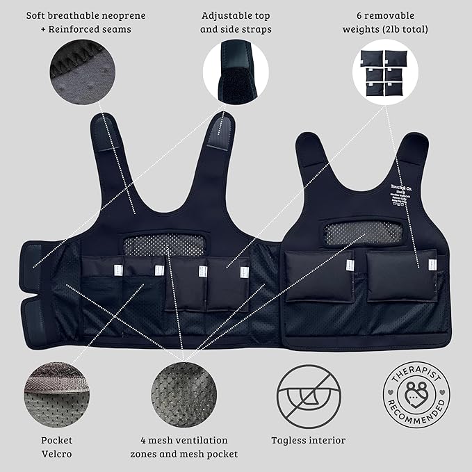 Touch & Co. Weighted Vest for Kids – Fully Adjustable Sensory Compression Vest for Children – Includes 2lb Removable Weights – Breathable Washable Odor-Free Neoprene