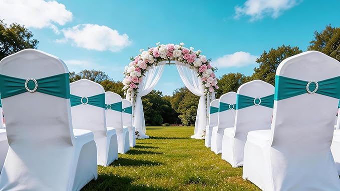50 Pack Stretch Dark Turquoise Chair Sashes Bows for Wedding Teal Chair Bands with Buckles Party Feast Banquet Restaurant Bridal Shower Outdoor Event Decoration