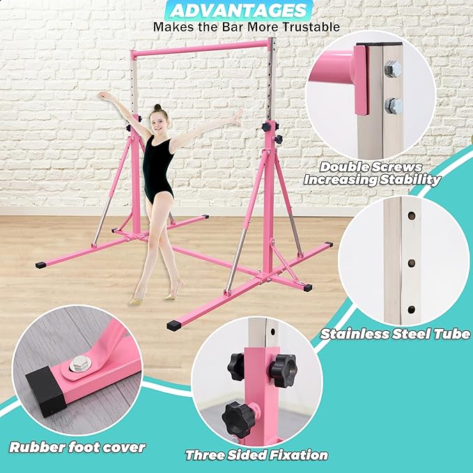 Foldable Gymnastics Bar,5FT Horizontal bar,Adjustable Kids Training bar for Kids Ages 3-15,Kids Gymnastics bar,Triangle Stable Structure-Gym Equipment for Home