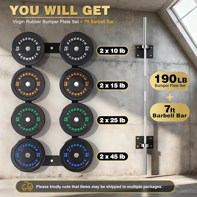 2-Inch Olympic Bumper Plates, 100% Virgin Rubber Low Bounce Barbell Weight Plates for Home Gym Strength Training, 10lb-45lb Black with Color-Coded