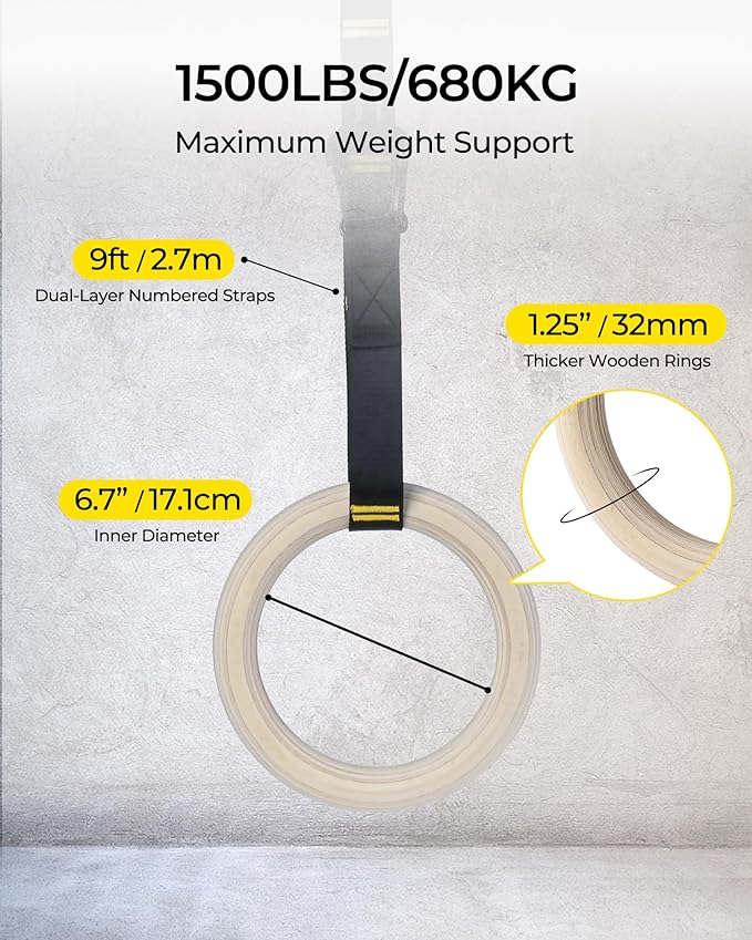 PACEARTH Gymnastics Rings 32mm Wooden Olympic Rings Support 1500lbs Locked Carabiners 9ft Double-Layer Numbered Straps Non-Slip Gym Rings with Foot Straps Door Anchor for Home Gym Full Body Workout
