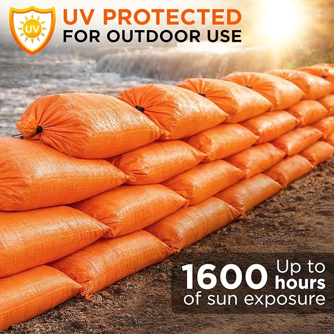 Heavy Duty Sand Bags Pack of 5, Bright Orange Empty Sandbags with Built-In Ties, Woven Polypropylene UV Protection 1600 Hours, Fillable Bags for Flood Control, Weight, 18x24 inches, 60 Pounds Volume