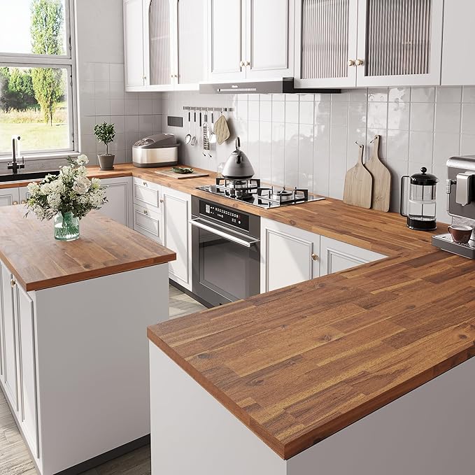 Howizz Acacia Butcher Block Countertop 48 x 36 x 1.5 Inches, Teak Stain Solid Wood Table Top for Desk Top, Workbench Top, Kitchen Countertop