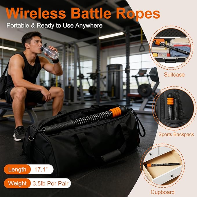 Adjustable Ropeless Battle Ropes, Portable Cordless Battle Ropes for Home Gym, Workout Equipment Exercise Rope for Low-Impact Workout, Strength & HIIT, for Men & Women (Black)