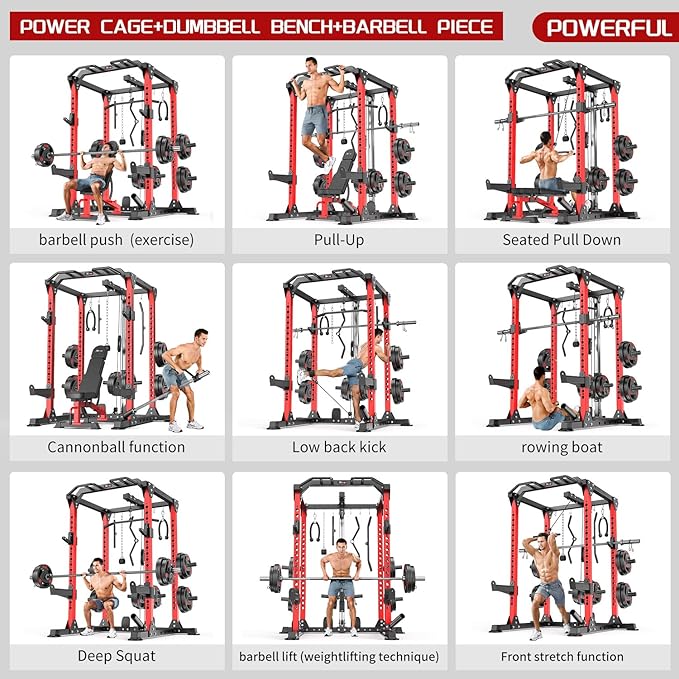 Multi-Purpose Squat Rack,Smith Machine Weight Rack Set with Cable Crossover System, Home Gym Power Racks, Power Racks and Packages