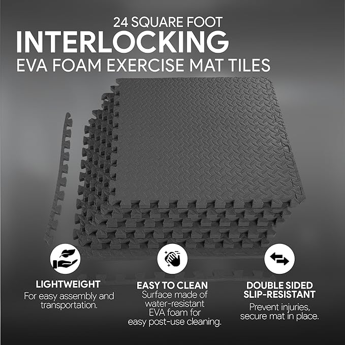 BalanceFrom Puzzle Exercise Mat 3/4' Thick, EVA Interlocking Foam Floor Tiles for Home Gym, Mat for Home Workout Equipment, Floor Padding for Kids, Black, 24 in x 24 in x 3/4 in, 24 Sq Ft - 6 Tiles