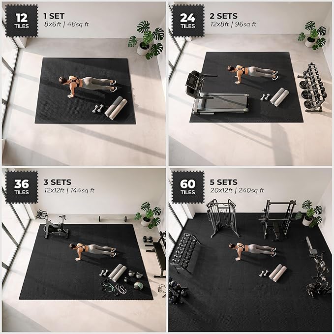 bemaxx Gym Mats Set - 12 pcs EVA Interlocking Foam Floor Tiles (24.4"x24.4"x0.4") 48 sqft Protective Gym Flooring Sports Home Workout Exercise Mats Puzzle Garage Fitness Play-Room Pool Treadmill Bike