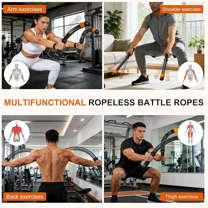 Adjustable Ropeless Battle Ropes, Portable Cordless Battle Ropes for Home Gym, Workout Equipment Exercise Rope for Low-Impact Workout, Strength & HIIT, for Men & Women (Black)