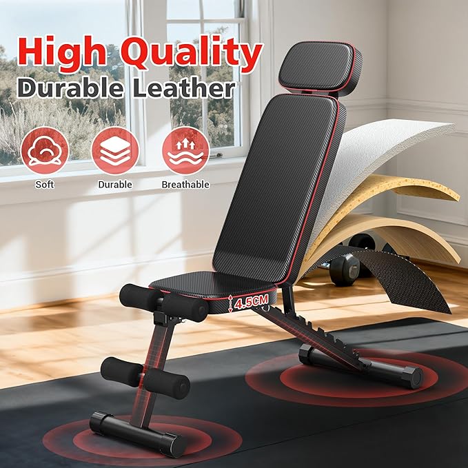 XDDIAS Workout Bench, 10 Backrests Adjustable Weight Bench with Extended Headrest, 800LBS Foldable Weight Bench for Home Gym, Incline Decline Flat Bench Compact for Small Space Training