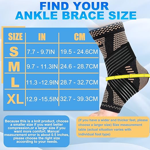 LISEPWU Copper Ankle Brace with Adjustable Compression Bandage, Ankle Support Compression Sleeve for Men & Women, for Foot Pain, Sprained Recovery, Achilles Tendonitis, Sports Protection(Black S)