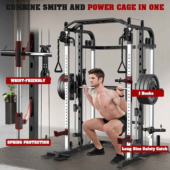 Smith Machine, Multifunctional Power Cage Rack with Smith Bar and Cable Pulley System, and LAT Pull Down Machine for Home Gym…