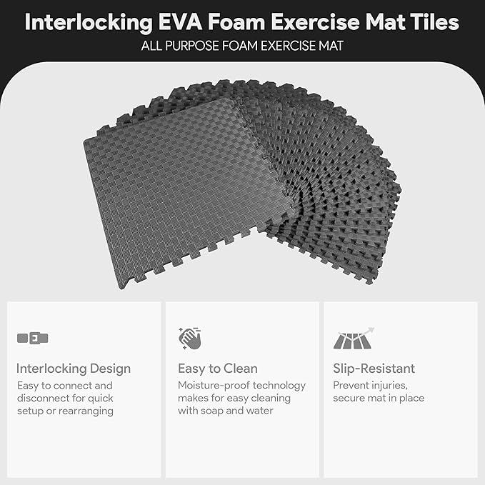 BalanceFrom Puzzle Exercise Mat 1' Thick, EVA Interlocking Foam Floor Tiles for Home Gym, Mat for Home Workout Equipment, Floor Padding for Kids, Gray, 24 in x 24 in x 1 in, 72 Sq Ft - 18 Tiles