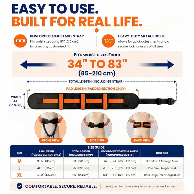 Gait Belt, Upgraded with Metal Buckle & Detachable Leg Straps, 7 Reinforced Handles, Transfer & Lift Belt for Seniors & Elderly, Walking Support and Mobility Assistance (Orange, Medium)