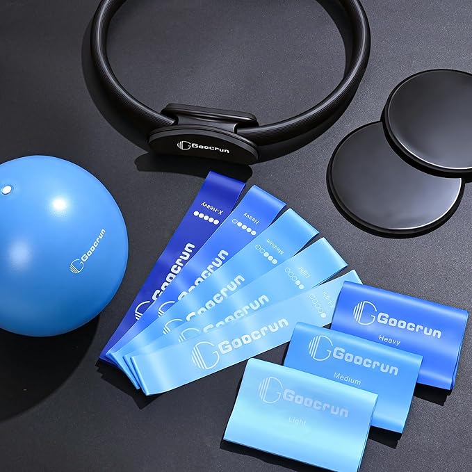 Goocrun Pilates Ring Set Exercise Equipment, with Exercise Resistance Bands Set, Pilates Ball, Sliding Disks. Portable Home Gym - with Fitness Guide Poster