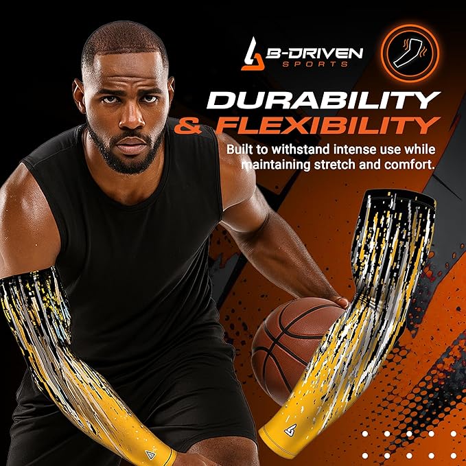 B-Driven Sports Pro Fit Compression Arm Sleeve for Men Women & Youth, Basketball Baseball Football, Single Digital Designs