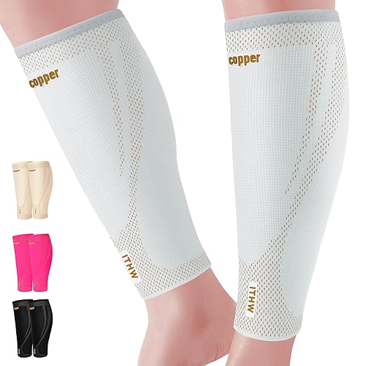 Copper Calf Compression Sleeves for Men & Women - High Stretch Graduated Compression with Anti-Slip Grip | Breathable & Smooth Lining Footless Design for Runners, Shin Splints, Leg Fatigue & Travel (Light Gray, X-Large)
